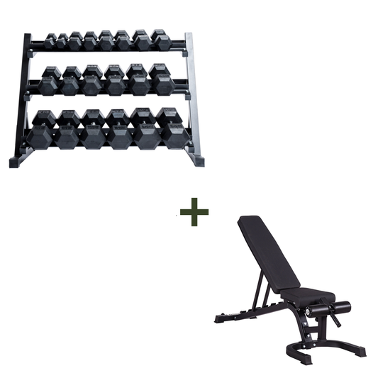 Rubber Hex Dumbbell Set + Rack and Bench | 5-50lb
