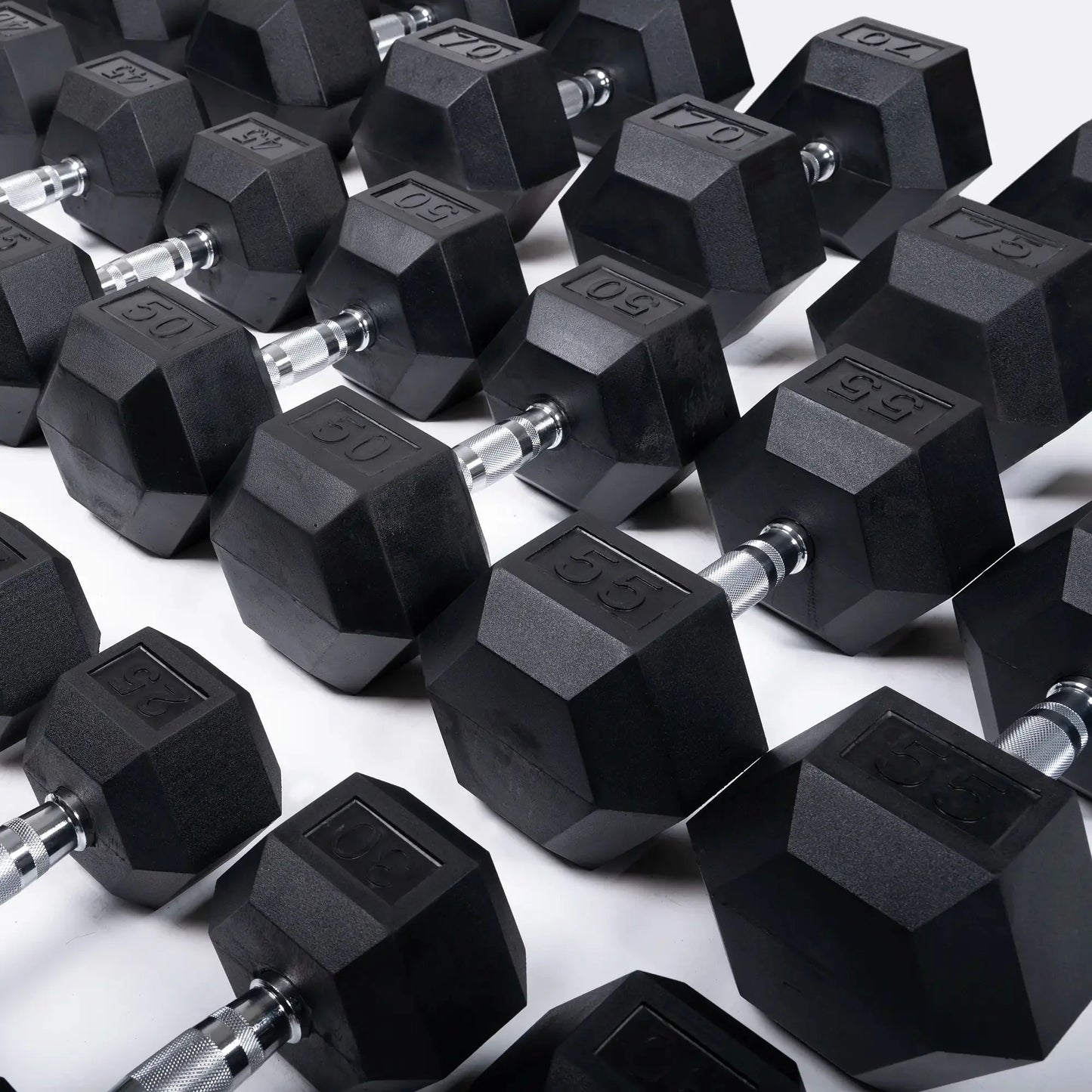 Rubber Hex Dumbbell Set + Racks | 5-75lb